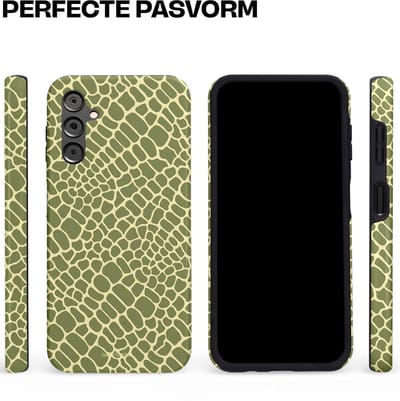 Casetastic hoesje geschikt voor Samsung Galaxy A14 (2023) 5G / Samsung Galaxy A14 (2023) 4G - Dubbellaagse bescherming - Exotische Groen Geel Krokodillen Schubben - Fashion Case - Saliegroen Beige