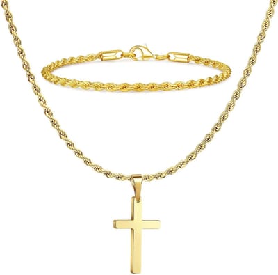 Cosensi - Heren kruisketting van roestvrij staal met kruishanger en armband van gedraaid touw, in zwart zilver en goud met dik touw - Stijlvolle accessoires voor heren