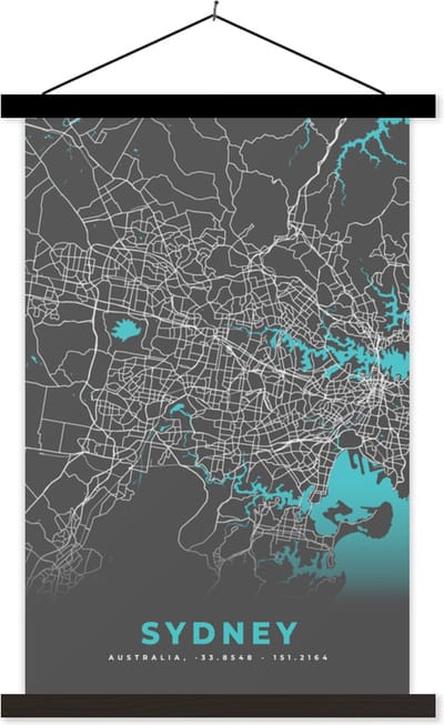 Posterhanger incl. Poster 40x60 cm - Schoolplaat - Sydney - Stadskaart - Plattegrond - Blauw - Kaart - Textielposter - Zwarte latten - Stadskaart