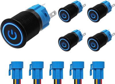ProRide Drukschakelaar ON-OFF 220V - 16mm Metaal - Waterdicht - LED Blauw - Met Kabels - 5 stuks
