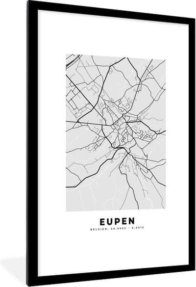 Fotolijst incl. Poster Zwart Wit- Plattegrond – Eupen – Zwart Wit – Stadskaart - Kaart - 80x120 cm - Posterlijst