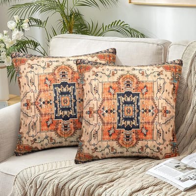 Famanu – Kussensloop 40 x 40 cm Indiase boho stijl dubbelzijdig linnen kussenslopen natuurlijke landelijke stijl kussenhoes decoratief kussen oosterse kussens decoratief voor bank woonkamer