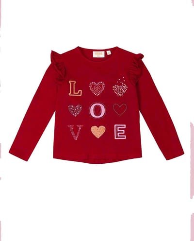 RODE T-SHIRT MET LEUKE PRINT EN PARELTJES