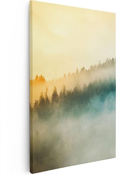 Artaza Canvas Schilderij Mistig Bos - 20x30 cm - Klein - Wanddecoratie Natuur - Muurdecoratie Zonsopgang - Schilderijen Op Canvas