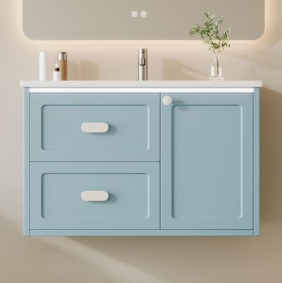 DESMIU Badkamerkast - Wandgemonteerd Wastafelmeubel Met LED Radarsensor En 2 Lades - Voor Badkamer - MDF En Keramiek - 76x46x51 Cm - Blauw