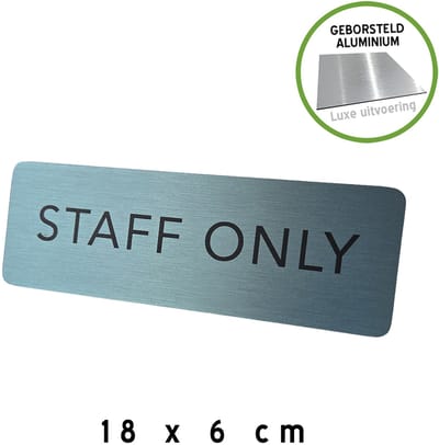 Deurbordje Dibond geborsteld | "Staff only" | 18 x 6 cm | Luxe editie | Blinkend metaal | Lichtblauw | Geen toegang | Enkel personeel | Geen ingang voor onbevoegden | Deurbord | Pictogram | Medewerker | 1 stuk