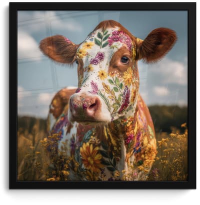 Poster in lijst - Fotolijst 40x40 cm - Posters - Koe - Bloemen - Weiland - Posterlijst zwart - Decoratie - Wanddecoratie woonkamer - Muurdecoratie slaapkamer