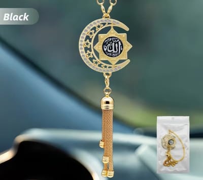 Luxe Autohanger - Gouden Wassende Maan met Islamitische Patronen - Draaibaar Design - Auto Decoratie & Cadeau - Zwart