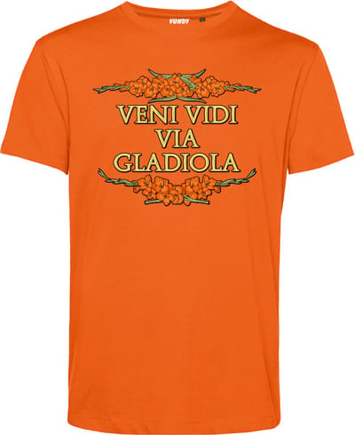 T-shirt Veni Vidi Via Gladiola | Vierdaagse shirt | Wandelvierdaagse Nijmegen | Roze woensdag | Oranje | maat XS
