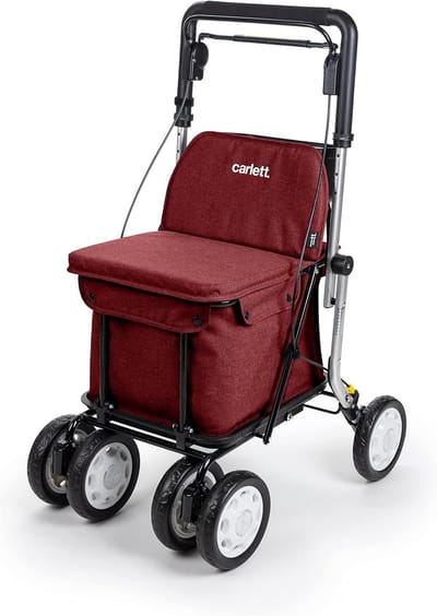 Boodschappentrolley-rollator met zitje, Gehomologeerd medisch hulpmiddel, Plooibare trolley met 4 wielen, Afneembare tas 36 l/15 kg, Rood
