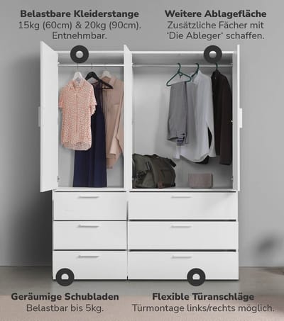 mokebo Kledingkast (150x187 cm) van hout in Zwart 3 deuren & 6 lades 'Der Grenzenlose' slaapkamerkast modulair & combineerbaar, garderobekast, halkast, draaideurkast, kast