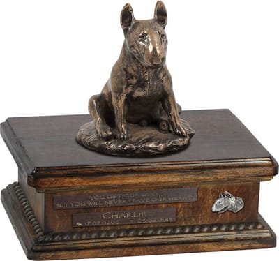 Persoonlijke urn voor Bull Terrier as met beeldje en houten design