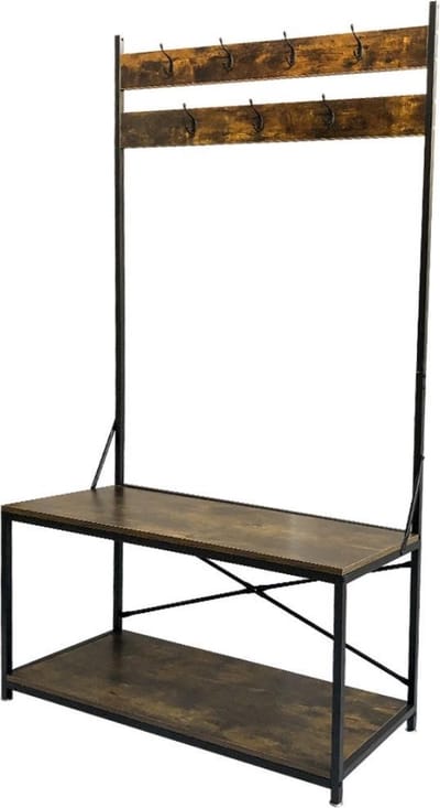 Kapstok staande groot garderobe rek Stoer - met zitbankje schoenenrek - industrieel metaal hout - 184 cm hoog