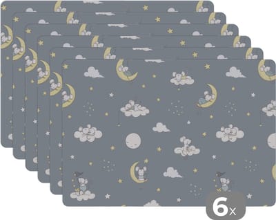 Placemat - Placemats kunststof - Muis - Maan - Patronen - 45x30 cm - 6 stuks - Hittebestendig - Anti-Slip - Onderlegger - Afneembaar