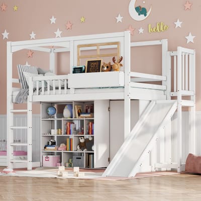 Etagenbett Met Glijbaan & Kledingkast - 90x200 cm - Kinderbed Met 4-Traps Ladder & Opbergplanken - Wit - Grenen + MDF + Multiplex - EN747