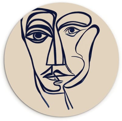 WallCircle® Wandcirkel 120x120 cm - Muurcirkel Minimalistisch - Lijnillustratie - Beige - Donkerblauw - Muurdecoratie woonkamer - Wanddecoratie slaapkamer - Kamer decoratie accessoires - Ronde schilderijen XXL