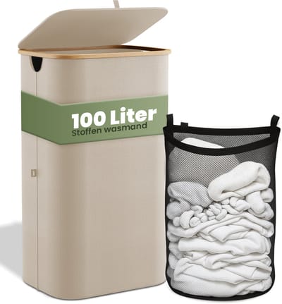 Nince Wasmand - 1 Vak - 100L - Met Deksel - Wassorteerder - Uitneembare Waszakken - Bamboe - Opvouwbaar - Beige