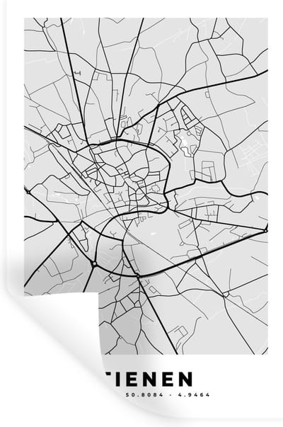 Muurstickers - Sticker Folie - Zwart Wit – België – Plattegrond – Stadskaart – Kaart – Tienen - 20x30 cm - Plakfolie - Muurstickers Kinderkamer - Zelfklevend Behang - Zelfklevend behangpapier - Stickerfolie