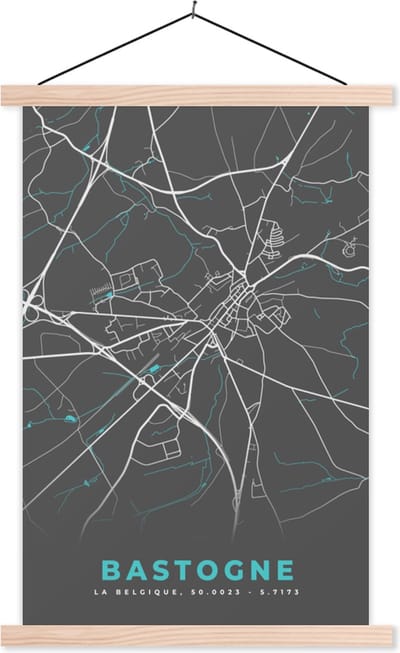 Posterhanger incl. Poster 40x60 cm - Schoolplaat - Kaart – Plattegrond – Stadskaart – Bastogne – België - Grijs - Textielposter - Blanke latten - Stadskaart