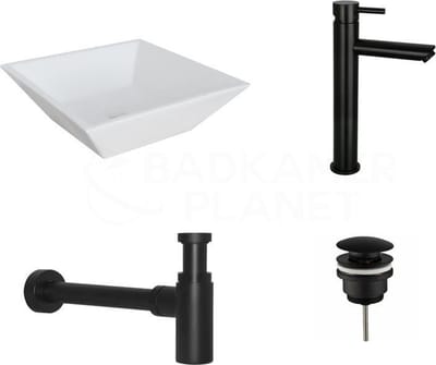 KERAMISCHE WASKOMSET TRENTO MAT ZWART OPBOUWKRAAN 38,5X38,5X12 CM