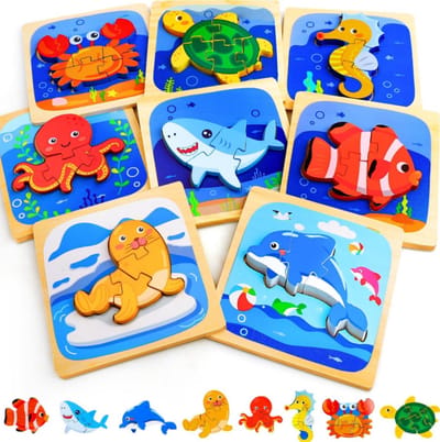 houten puzzel - houten puzzel dieren- puzzels met zeedieren voor peuters van 1-3 jaar - houten puzzels