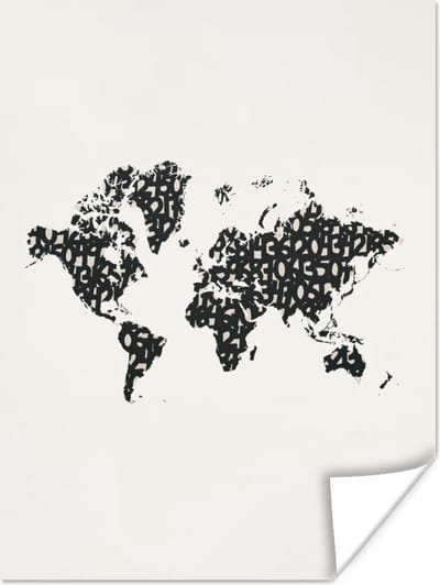 Wanddecoratie - Wereldkaart - Cijfer - Zwart - 90x120 cm - Poster