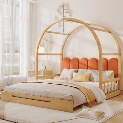 Uitschuifbaar Kinderbed met Gebogen Dak - Verstelbaar van 100 naar 200 cm - Grenen Houten Frame, Naturel & Oranje