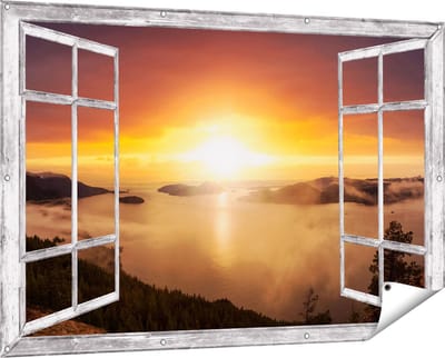 Gards Tuinposter Doorkijk Zonsondergang in de Bergen met Wolken - 150x100 cm - Tuindoek - Tuindecoratie - Wanddecoratie buiten - Tuinschilderij