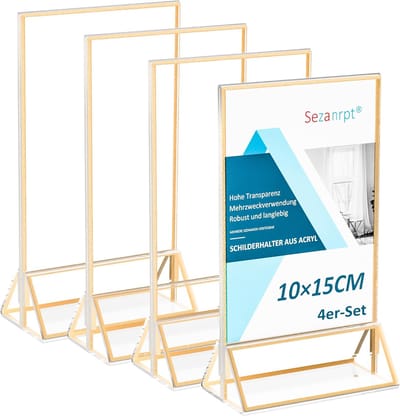 SnelShoppen - Acrylic Table Card Holder Goudrand 10 x 15 cm - 4 Stuks Transparante Fotolijst voor Menu Weergave, Tafelnummer, Bruiloft en Feest
