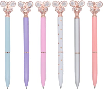 Set van 6 Metalen Crystal Vlinder Uittrekbare Balpennen voor School, Kantoor en Cadeaus - Multicolor B