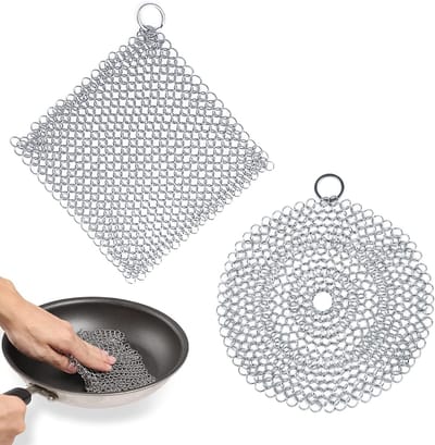 Gietijzer Reiniger Set – 2 Stuks – Chainmail Schrobber voor Dutch Oven, Grillpan & Wok – RVS Schoonmaaktools voor Gietijzer