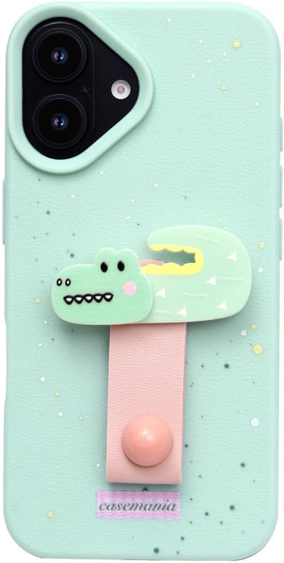Casemania Hoesje Geschikt voor Apple iPhone 16 - Groen - Siliconen Back Cover met Vingerhouder - Krokodil Telefoonhoesje met Ring - Crocodile Softcase Backcover - Telefoon Grip - Kinderen
