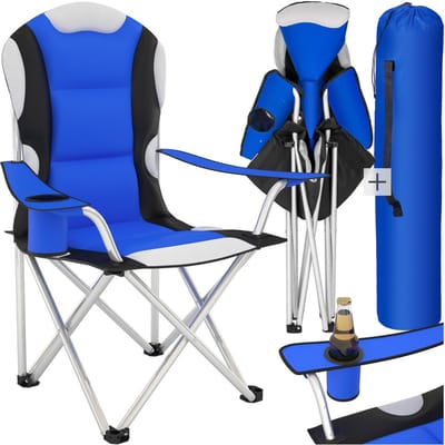 Tectake® Opvouwbare Kampeerstoel – Draagbare Zitstoel met Bekerhouder – Comfortabele Campingstoel met Netstof voor Luchtcirculatie – Blauw – Max. 120 kg