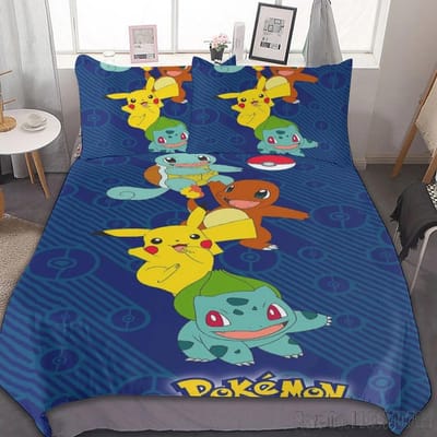 Anime Pokemon Pikachu Beddengoed Set Dekbed Dekbedovertrek Dekbed Beddengoed Twin Enkel King Kinderen Volwassenen Cadeau AU King(245*210cm)3pcs
