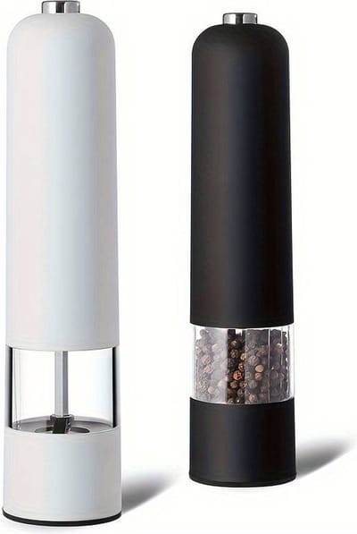 K&R Ventures® Elektrische Zout- en Pepermolen Set – Automatische Kruidenmolen met Instelbare Grofheid – Peper- & Zoutmolen op Batterijen – LED Verlichting – Zwart & Wit – Luxe Design