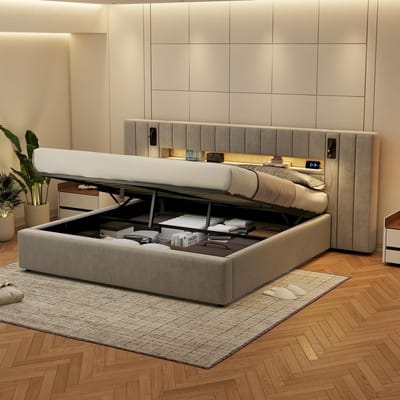 Gestoffeerd Bed - 180x200 cm - met LED en Nachtlamp - USB-Aansluiting - Fluweel - Grijs