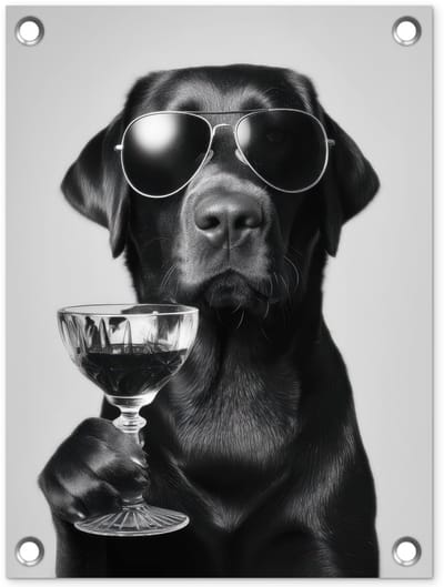 Tuinposter 30x40 cm - Tuindecoratie Hond - Zwart - Wijnglas - Zonnebril - Poster voor in de tuin - Buiten decoratie - Schutting tuinschilderij - Tuindoek muurdecoratie - Wanddecoratie balkondoek