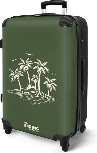 NoBoringSuitcases.com® - Koffer groot - Rolkoffer lichtgewicht - Groen met beige palmbomen print - Reiskoffer met 4 wielen - Reis trolley - Grote valies XL - Bagagekoffer op wieltjes - 20 kg bagage - Ruimbagage middelgroot