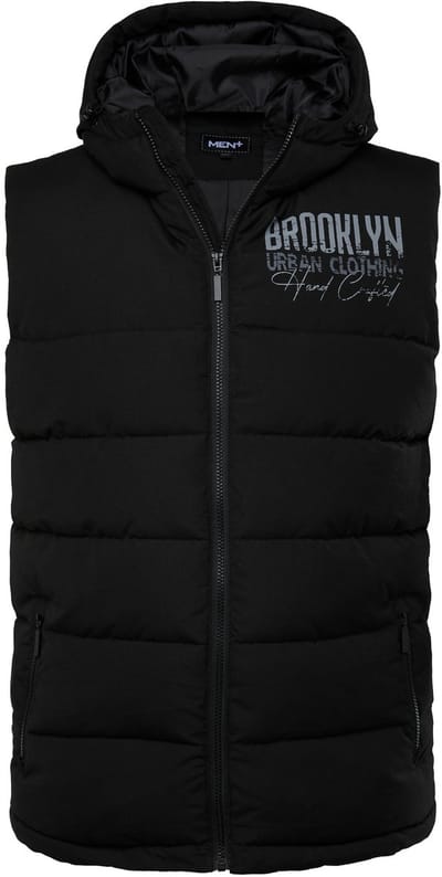 Men Plus - Heren - Gewatteerd vest capuchon borstprint - Zwart - Maat 3XL