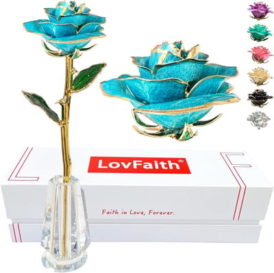 Gouden Roos - Echte Bloem - Romantisch Cadeau - 24K Goud Gedompeld - 28 cm Hoog - Lichtblauw