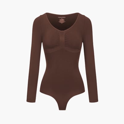cfab - Bodysuit met corrigerende werking, lange mouwen en strik, bruin, maat 2XL