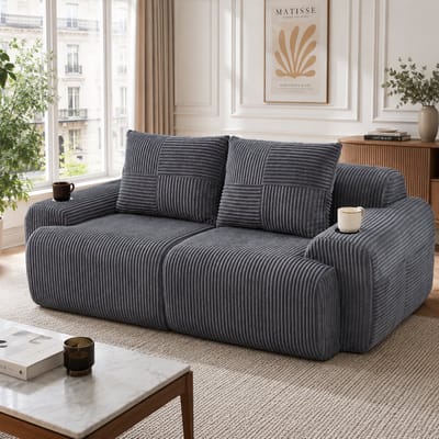 Modulaire corduroy bank 2-zits - Donkergrijs - Incl. bekerhouder en opbergtas, modulair te combineren - Extra zacht kussen met hoogdicht schuim, slijtvaste stof - Geschikt voor woonkamer, appartement en lounge