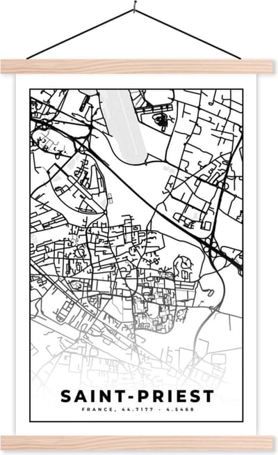 Posterhanger incl. Poster 40x60 cm - Schoolplaat - Plattegrond – Saint-Priest - Kaart – Frankrijk – Stadskaart - Zwart wit - Textielposter - Blanke latten - Stadskaart