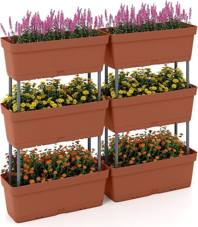 KOMFOTTEU 6 stuks plantenbakken, bloembakken van kunststof, verticaal verhoogd bed, doe-het-zelf plantenpotten met netmatten en drainagegaten, tuinbed, plantentrap voor terras, balkon, tuin (rood)