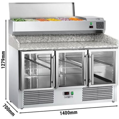 GGM Gastro Pizzakühltisch ECO - 1400x700mm - mit 3 Glastüren - inkl. Kühlaufsatzvitrine - 6x GN 1/4
