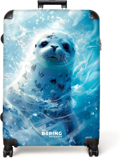 NoBoringSuitcases.com® - Koffer groot - Reiskoffer lichtgewicht - Zeehondenpup in helderblauw water - Rolkoffer met 4 wielen - Grote trolley XL - 98 liter bagage
