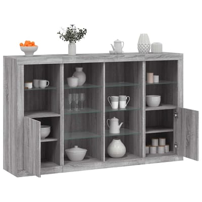 vidaXL - Dressoirs - met - LED-verlichting - 3 - st - bewerkt - hout - grijs - sonoma