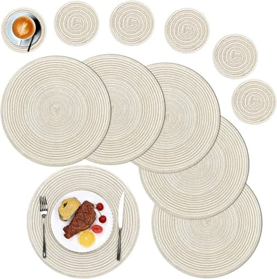 Set van 6 ronde placemats en onderzetters, rond, afwasbaar, gevlochten, ronde placemats met onderzetter, hittebestendig, ronde placemats voor keuken, feest, bruiloft, feest, crème