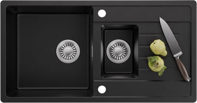 CECIPA MAX Granieten Keuken 86x45CM - Spoelbak Keuken 1.5 - Spoelbakken Keuken Met Primaire en Tweede Bak - Wasbak Keuken - Incl. Sifon en Afvoerzeefje - Zwart