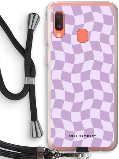 Case Company® - Hoesje met koord geschikt voor Samsung Galaxy A20e hoesje met Koord - Grid Paars - Telefoonhoesje met Zwart Koord - Bescherming aan alle Kanten en Over de Schermrand